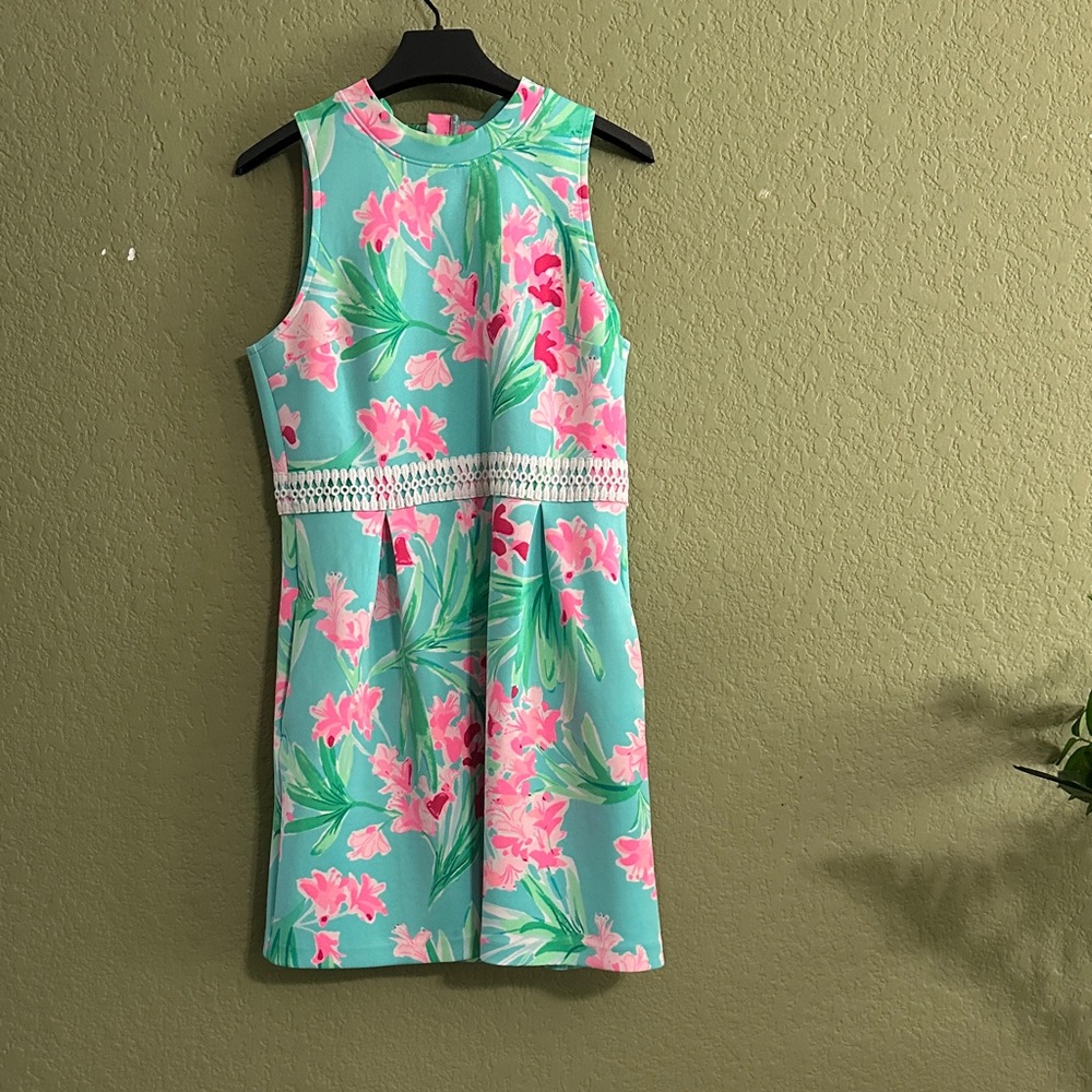 Lilly Pulitzer Aqua Floral Sleeveless Mini Dress with Pink Blooms